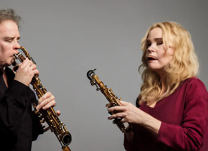 Image similar to photo still of tuesday weld playing a clarinet, 8 k, studio lighting bright ambient lighting key light, 8 5 mm f 1. 8