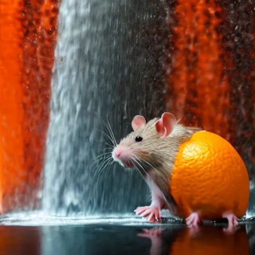 Image similar to a rat being drenched in an orange soda waterfall, cinematic lighting