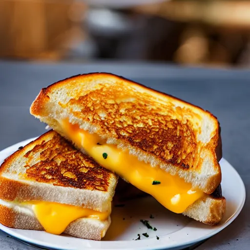 Prompt: A delicious grilled cheese on a plate, garnish, melted cheese, toasted bread, food photography, michelin star, mold, rot