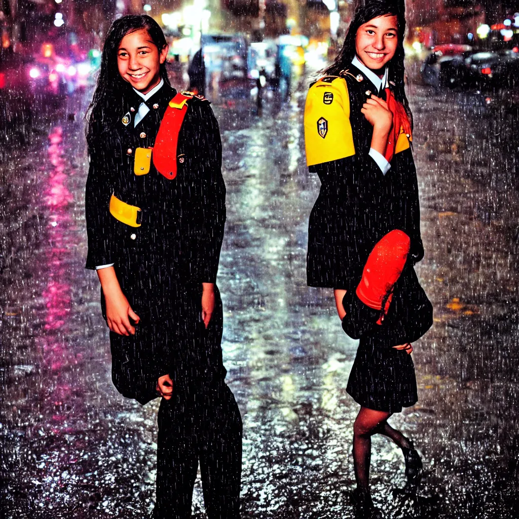 Image similar to night flash portrait photography of a high school girl in uniform on the lower east side by annie leibovitz, colorful, nighttime!, raining!