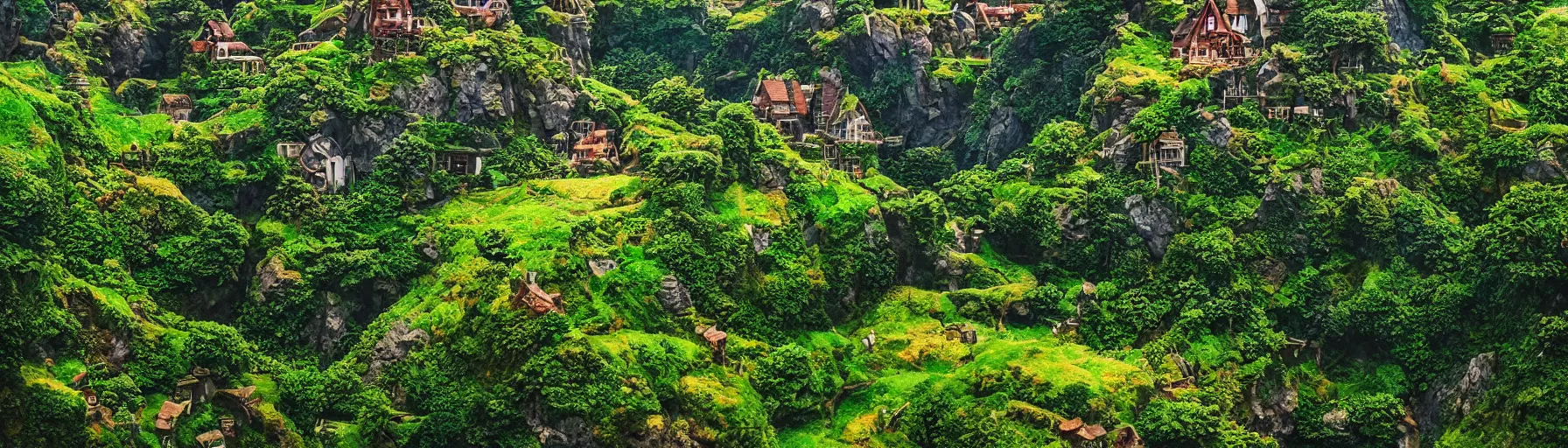 Image similar to vertical panorama of the shire in the style of studio ghibli