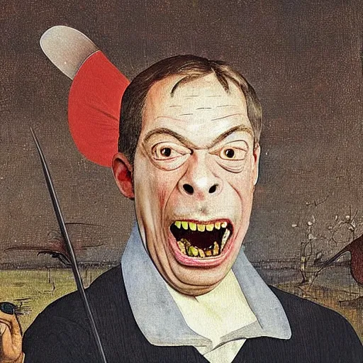 Image similar to red faced nigel farage angry screaming, by hieronymus bosch