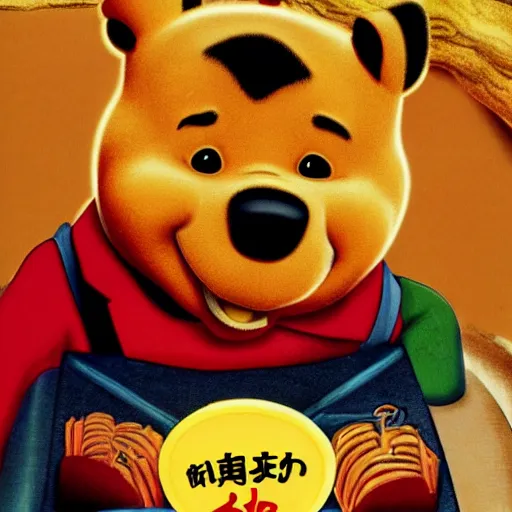 Prompt: Chinese propaganda poster of Winnie the pooh eating honey , high definition, 4k