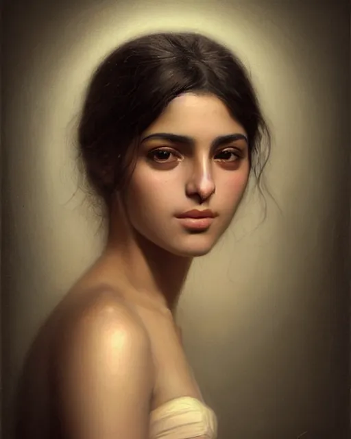 Image similar to a highly realistic, true to life portrait of a beautiful young middle eastern girl, soft focus, from the waist up, with sharp features, a beautiful face, soft smile, under studio lighting, taken with a canon eos camera with 1 3 5 mm focal length, art by karol bak, james jean, tom bagshaw, trending on artstation,