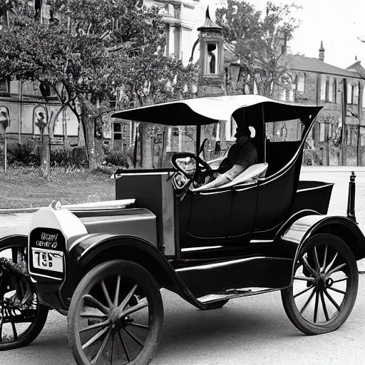 Image similar to a rabbit driving a model t ford, black and white photograph