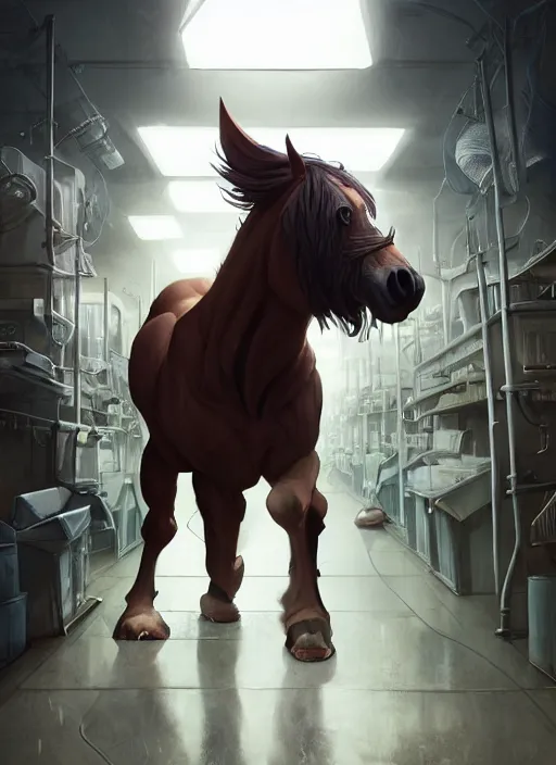 Image similar to splash art of an enormously muscular male anthro horse in a research facility wearing a skintight body armor, long white mane, 8 k, unreal engine, by greg rutkowski, loish, rhads, ferdinand knab, makoto shinkai and lois van baarle, ilya kuvshinov, rossdraws, tom bagshaw