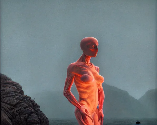 Image similar to iridescent, portrait, rocky lake shore, alien woman, glowing red, by edgar maxence and ross tran, zdzisław beksinski, and michael whelan, distant, gustav dore, h. r. giger, 8 k, octane render