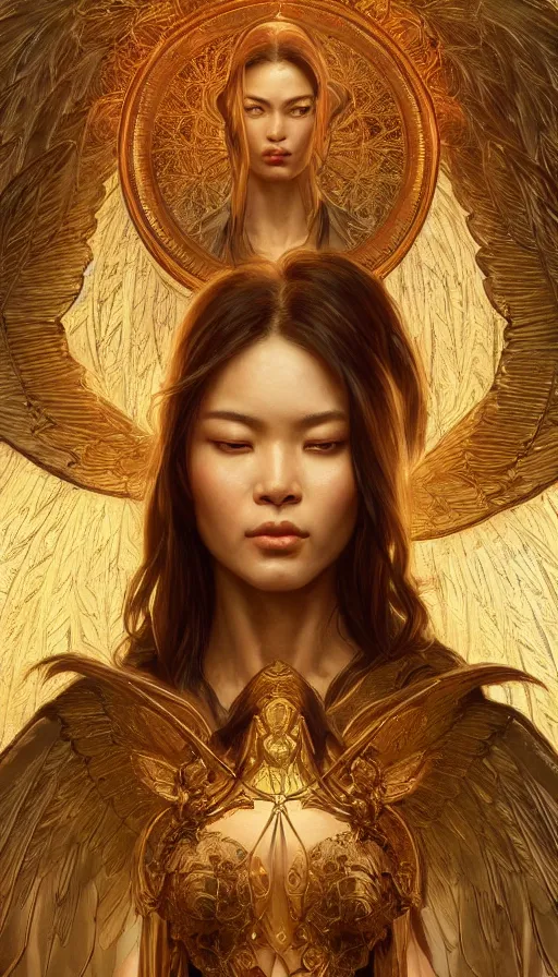 Image similar to archangel, perfectly-centered-Portrait of the most beautiful women on the planet, sweaty, asian, insane, intricate, highly detailed, digital painting, artstation, concept art, smooth, sharp focus, illustration, Unreal Engine 5, 8K, art by artgerm and greg rutkowski and alphonse mucha