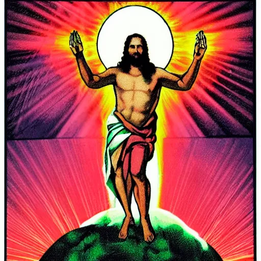 Image similar to Jesus shoot Zeus with red lazers from eyes deep color