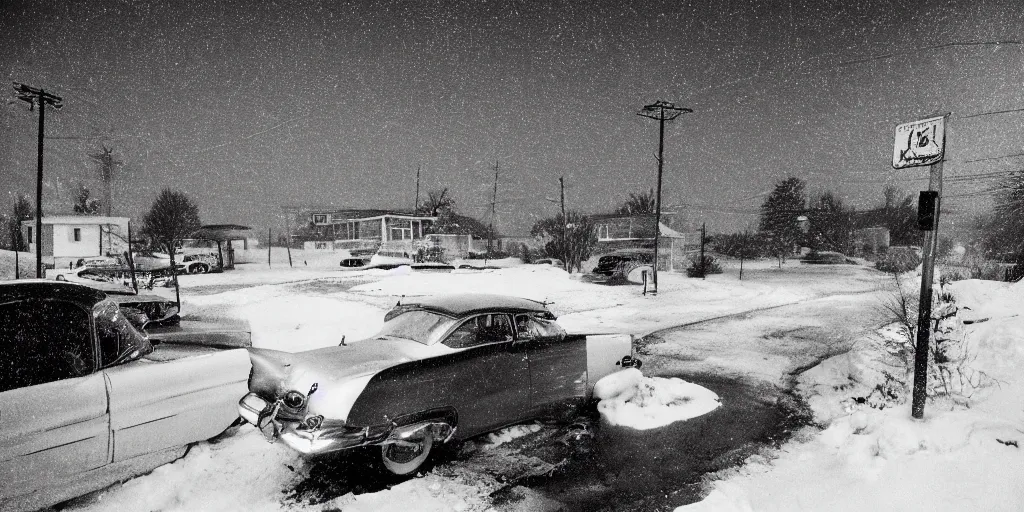 Image similar to detailed sharp photograph in the style of popular science circa 1 9 5 5 and gregory crewdson of a 1 9 5 0 s trailer park mid winter storm