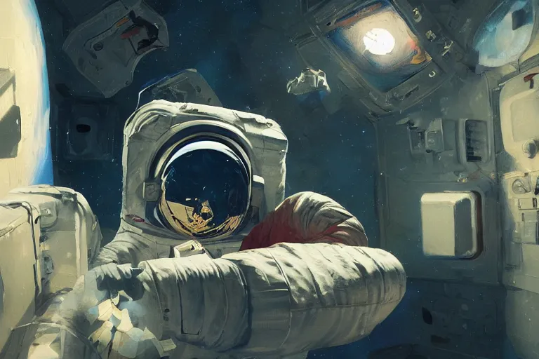 Prompt: an astronaut in an art gallery in space, surrealism, expressive oil painting, by greg rutkowski, by james gilleard, digital, trending on artstation, octane render, highly detailed