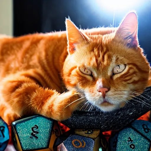 Prompt: realistic orange tabby cat lying in a sunbeam, the cat is next to a pile of D&D polyhedral dice, the cat is sleeping with closed eyes, award-winning photography, cozy, golden hour