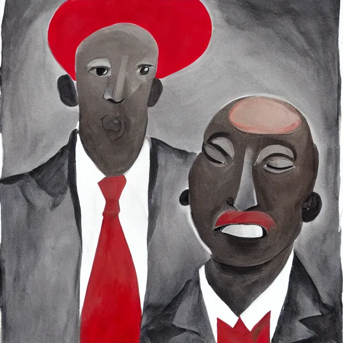 Image similar to a fatherly, aquiline nose, wide forehead, round face, XXL , loving, caring, generous, ever-present, humble, wise elder from Kenya with a friendly expression in a grey suit and red tie painted by Kara Walker. Fatherly/daddy, focused, loving, leader, relaxed,. ethereal lights, details, smooth, sharp focus, illustration, realistic, cinematic, artstation, award winning, rgb , unreal engine, octane render, cinematic light, macro, depth of field, blur, red light and clouds from the back, highly detailed epic cinematic concept art CG render made in Maya, Blender and Photoshop, octane render, excellent composition, dynamic dramatic cinematic lighting, aesthetic, very inspirational, arthouse.