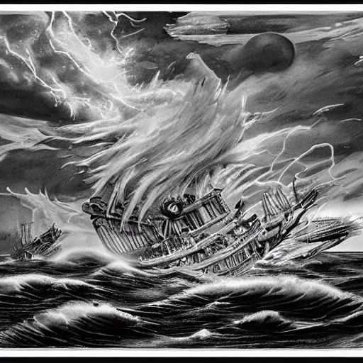 Image similar to a highly detailed hyperrealistic scene of a ship being attacked by giant squid tentacles, ultra realistic, jellyfish, squid attack, dark, voluminous clouds, thunder, stormy seas, pirate ship, dark, high contrast, yoji shinkawa, scary, m.c. Escher, highly detailed, brutal, beautiful, octopus arms attacking the ship from the storm, illusion, artgerm