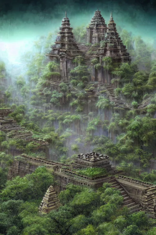 Prompt: ancient fractal temple megastructure in the hanging gardens of babylon, scanned earth terrain, erosion algorithm landscape, by albert bierdstat, by glenn small, high fantasy, high resolution, photorealism, populated by luminous beings, volumes of fog