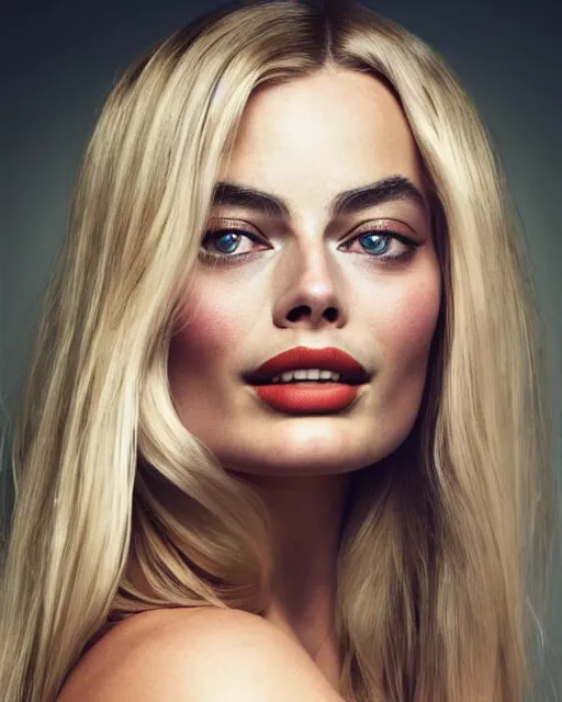 Prompt: Beautiful Head and shoulders portrait of margot robbie with straight long blonde hair, wearing a camisole by alberto Vargas, arney freytag, artstation, fashion photoshoot, urban jungle, fashion pose, octane, 4k