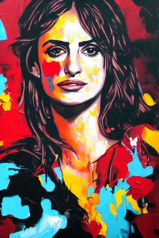 Prompt: oil painting, portrait of penelope cruz, graffiti, splash painting, by bansky