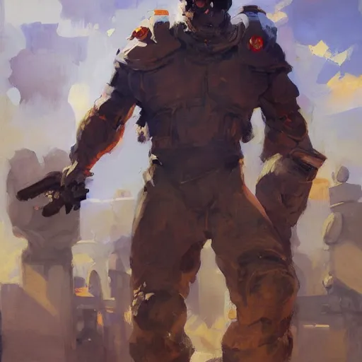 Image similar to greg manchess portrait painting of a soviet russian nuclear supersoldier, medium shot, asymmetrical, profile picture, organic painting, sunny day, matte painting, bold shapes, hard edges, street art, trending on artstation, by huang guangjian, gil elvgren, ruan jia, randy vargas, greg rutkowski