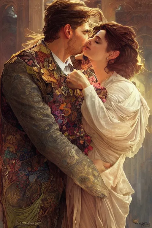 Image similar to portrait of a man in dhl van hugging his wife, feelings, romantic, fantasy, intricate, elegant, highly detailed, digital painting, artstation, concept art, smooth, sharp focus, illustration, art by artgerm and greg rutkowski and alphonse mucha