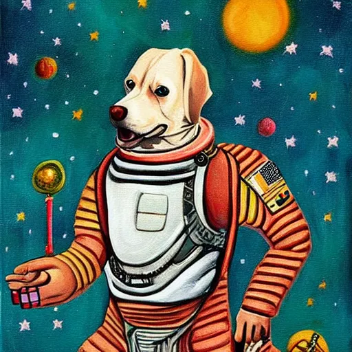 Prompt: a beautiful painting, dog in a space suite, by william shakespeare, long shot