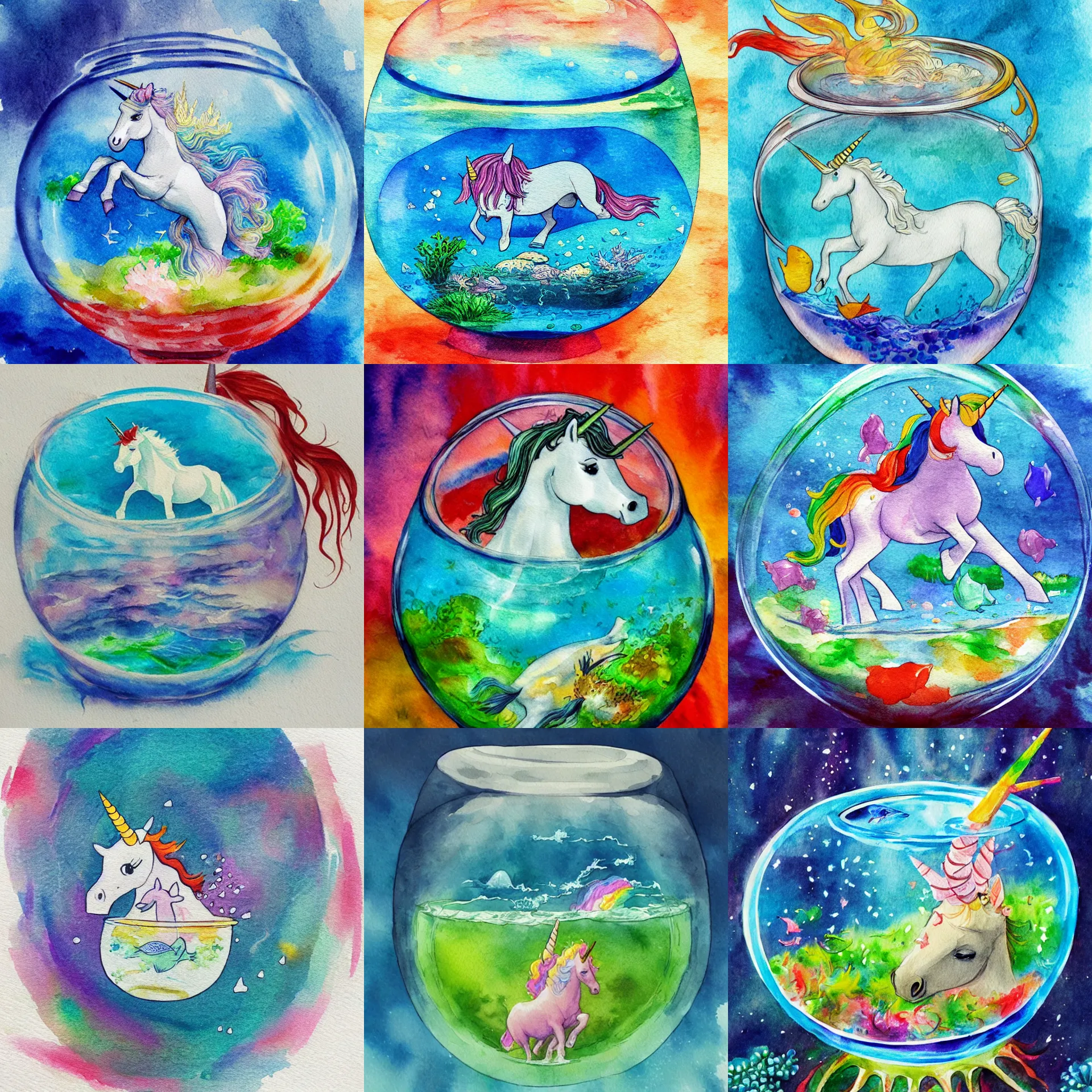 Prompt: a small unicorn swimming under water inside a fishbowl, water color painting