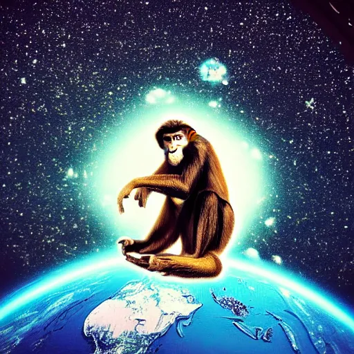 Image similar to “ monkey in space, exploding earth in the background ”