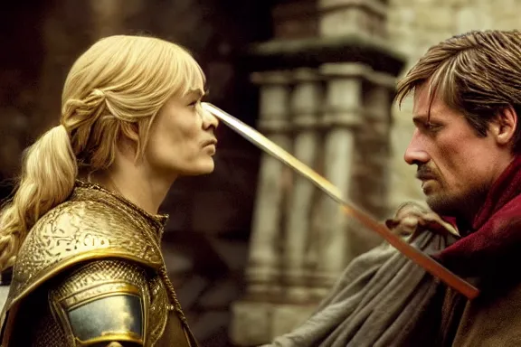 Image similar to very very intricate photorealistic photo of jaime lannister killing cersei, photo is in focus with detailed atmospheric lighting, award - winning details