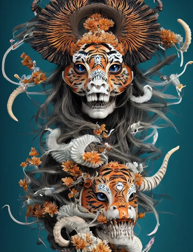 Image similar to 3 d goddess tiger skull half - turn portrait with long hair with ram skull. beautiful intricately detailed japanese crow kitsune mask and clasical japanese kimono. betta fish, jellyfish phoenix, bio luminescent, plasma, ice, water, wind, creature, artwork by tooth wu and wlop and beeple and greg rutkowski