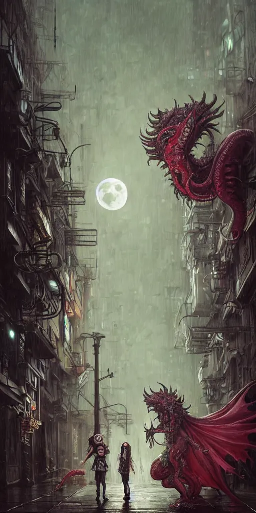 Image similar to hyper realistic Princess Mononoke fighting Cthulhu , ornate mask, wet market street, rainy atmosphere, full moon, cyberpunk metropolis, city landscape, jewels, full body pose, wolves, style of tom bagshaw, mucha, james gurney, norman rockwell, denoised, sharp