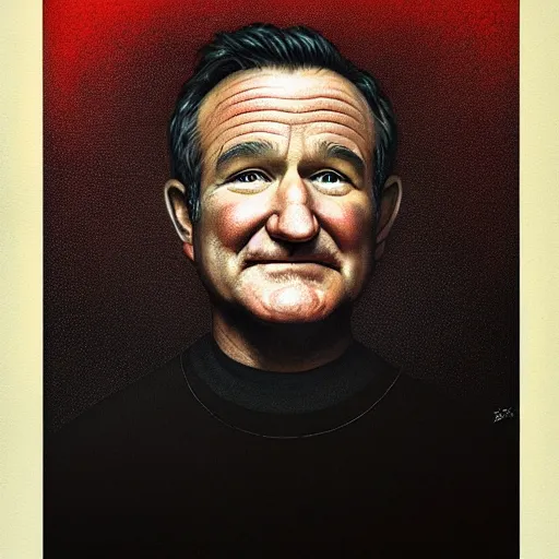 Image similar to portrait of a Robin Williams, staring at you, black background, curious eyes, by Anato Finnstark, Tom Bagshaw, Brom