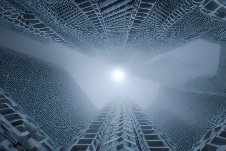 Prompt: a complex organic fractal 3 d ceramic megastructure skyscraper, cinematic shot, foggy, natural color scheme, photo still from movie by denis villeneuve