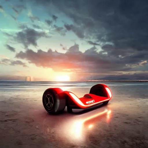 Image similar to concpet art featuring a futuristic ferrari themed hoverboard. beach, sunset. fine detail. this 4 k hd image is trending on artstation, featured on behance, well - rendered, extra crisp, features intricate detail, epic composition and the style of unreal engine.