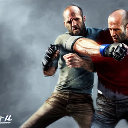 Image similar to jason statham fighting a pc, half body shot, path traced, fight scene, highly detailed, high quality, digital painting