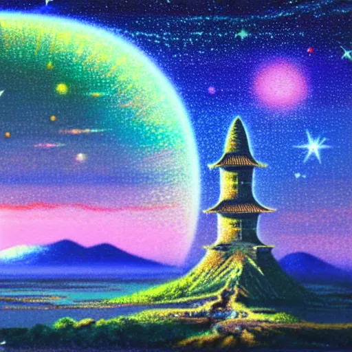 Image similar to a landscape pastel in the style of noriyoshi ohrai of an ancient holy tower, it has iridescent mana radiating from it. it is centered. the background is the starry sky at night. key art. 4 k retrofuturistic fantasy