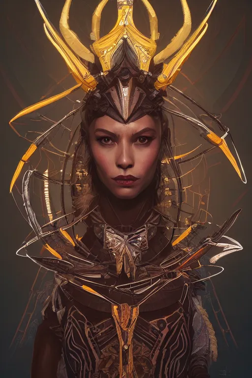 Image similar to symmetry!! portrait of scorpion queen in the style of horizon zero dawn, machine face, intricate, elegant, highly detailed, digital painting, artstation, concept art, smooth, sharp focus, illustration, art by artgerm and greg rutkowski and alphonse mucha, 8 k