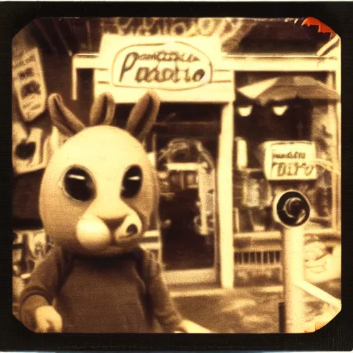 Image similar to 1980s polaroid of a restaurant with a creepy yellow animatronic rabbit in the corner, blurry, hazy