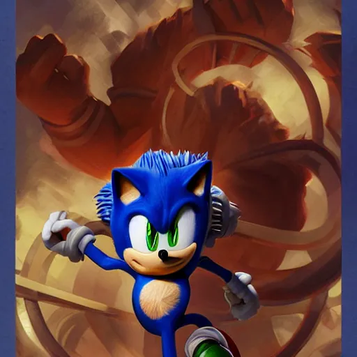 Image similar to sonic the hedgehog as a Greek god, gorgeous, amazing, muscular, fit, very muscular male body, intricate, highly detailed, digital painting, artstation, concept art, sharp focus, illustration, art by greg rutkowski and alphonse mucha