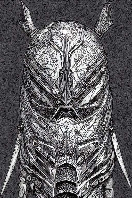 Image similar to armoured warrior, hummingbird helmet, symmetrical, highly detailed, digital art, themed armour, sharp focus, trending on art station, kentaro miura manga art style