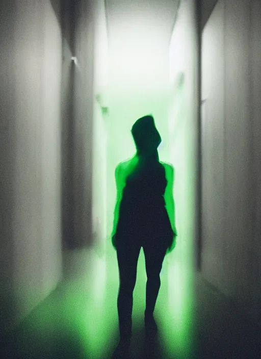 Image similar to a thin female silhouette walking, astral projection, green glowing aura, out of body, film grain, cinematic lighting, experimental film