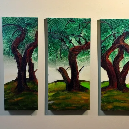 Image similar to a three panel painting with the stages of a tree's growth