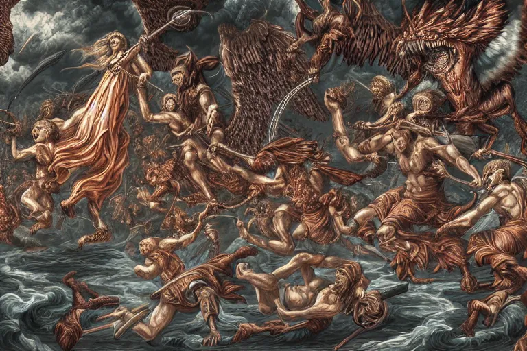 Prompt: hyper detailed digital illustration of angels battling demons