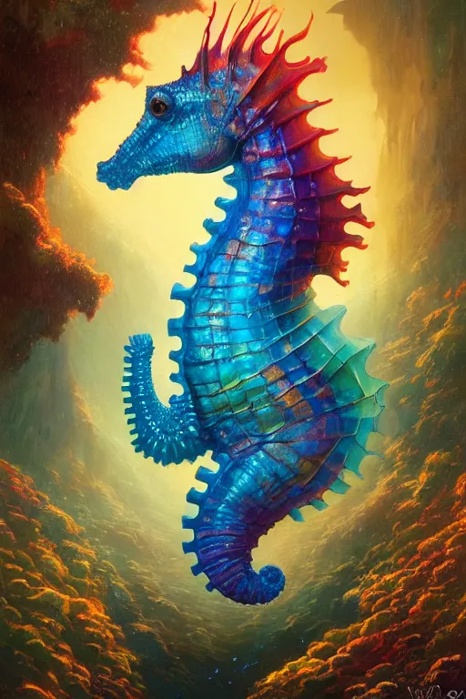 Image similar to highly detailed portrait of rainbow seahorse, stephen bliss, unreal engine, fantasy art by greg rutkowski, rhads, ferdinand knab, makoto shinkai and lois van baarle, ilya kuvshinov, rossdraws, tom bagshaw, global illumination, radiant light, yellow blue theme, coral reef