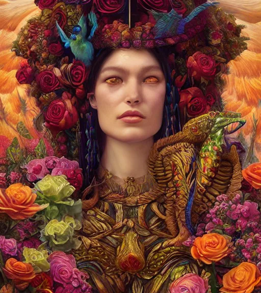 Image similar to portrait of quetzalcoatl, surrounded by flowers by karol bak, moebius, tom bagshaw, rococo, trending on artstation, cinematic lighting, hyper realism, octane render, 8 k, hyper detailed, ink by dave gibbons