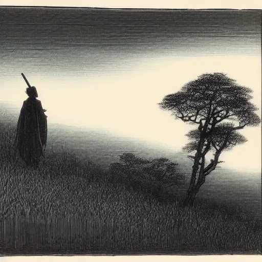 Prompt: silhouette, samurai, moon, forest, night, river, chiaoscuro, grass, clouds, water, illustration by Gustave Doré