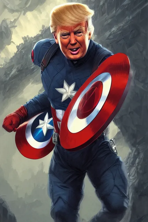 Image similar to Donald Trump as Captain America full body portrait, D&D, fantasy, intricate, elegant, highly detailed, digital painting, artstation, concept art, matte, sharp focus, illustration, art by Artgerm and Greg Rutkowski and Alphonse Mucha