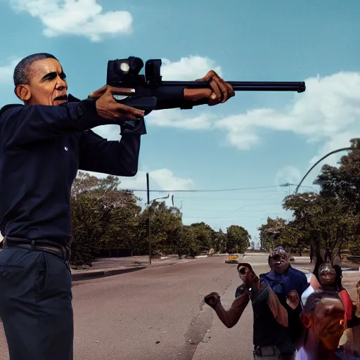 Image similar to angry barack obama shooting and terrorizing people in the hood, 8k resolution, full HD, cinematic lighting, award winning, anatomically correct