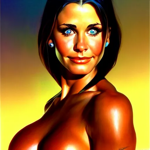 Image similar to portrait of young courtney cox as an amazon girl, full body, painted by stanley artgerm, boris vallejo, fantasy art, sleek curves, sharp focus, trending on artstation hq, deviantart