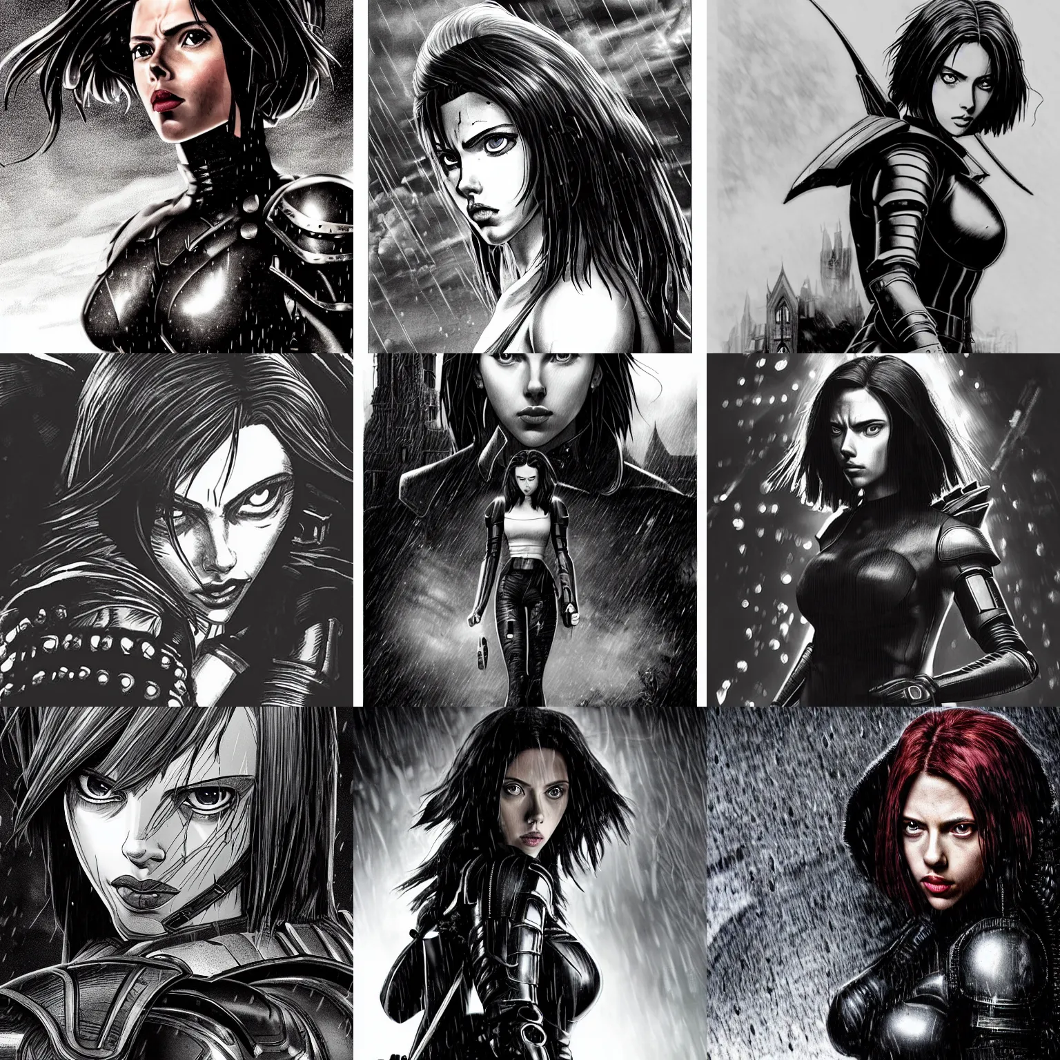 Prompt: we faced angry scarlett johansson, wearing rain soaked armour in the pouring rain, incredibly fine detailed portrait, battle angel alita, black and white, dynamic angle, pencil and ink manga, elegant, full body profile, far way and above angle camera shot, highly detailed, dramatic lighting, gothic castle in background