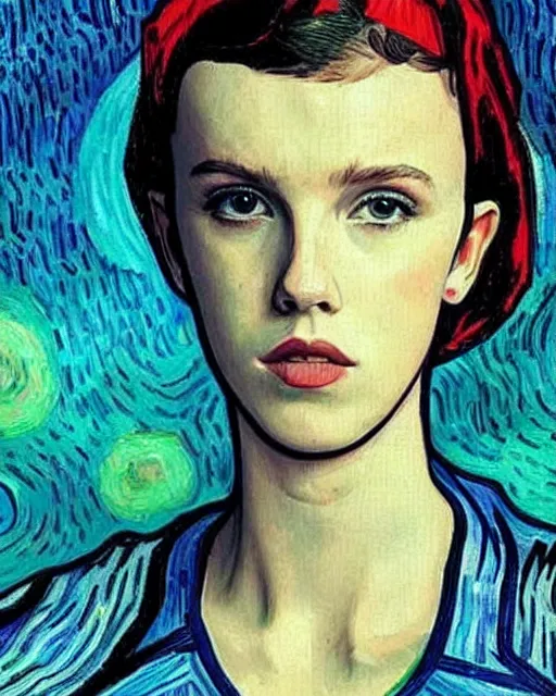 Image similar to portrait of cyberpunk millie bobby brown by vincent van gogh