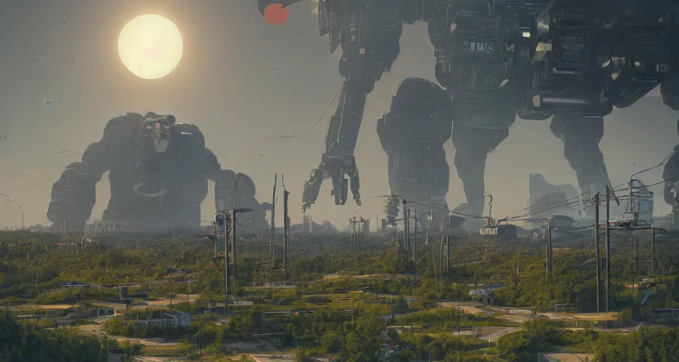 Image similar to GIANT ROBOT GORILLA megastructure looming in the distance, landscape, cinematic, rendered by simon stålenhag, rendered by Beeple, Makoto Shinkai, syd meade, environment concept, digital art, unreal engine, 3 point perspective, WLOP, trending on artstation, low level, 4K UHD image, octane render,